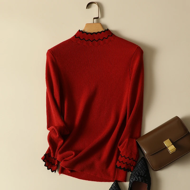 

Ruffles Striped Knitted Women Sweater And Pullovers Long-Sleeved Office Lady Elegant Pulls Outwear Tops