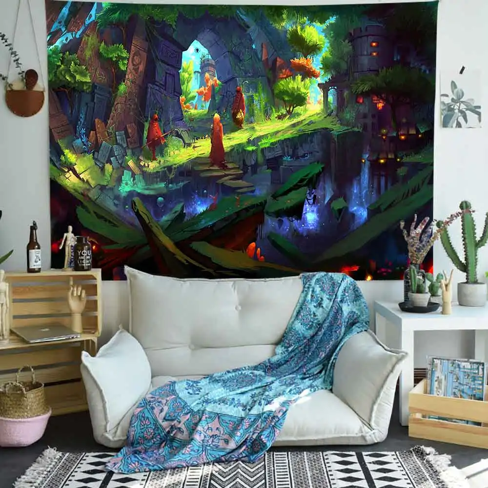 Simsant Game Castle Tapestry Psychedelic Jungle Forest Tree Art Wall Hanging Tapestries for Living Room Home Dorm Decor | Дом и сад