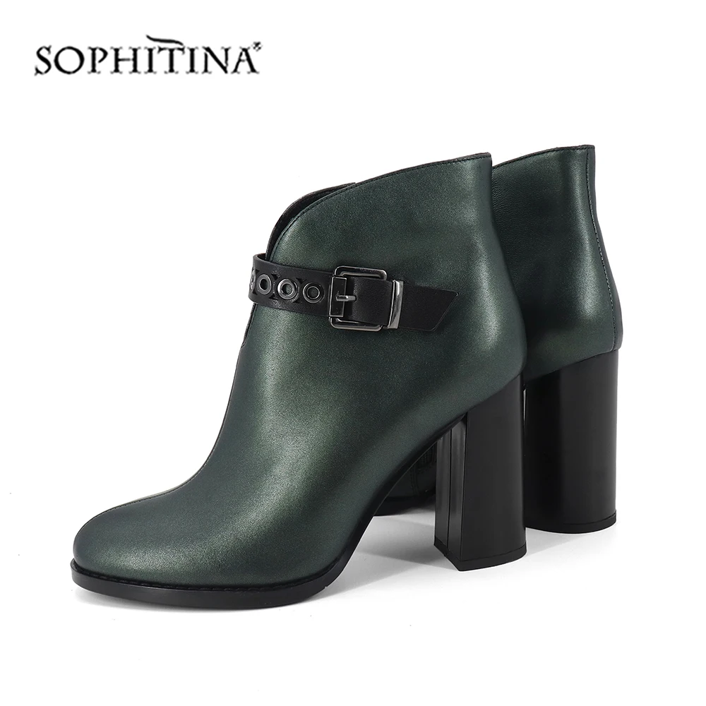 SOPHITINA/новые модные ботинки с пряжкой; Высококачественная однотонная удобная женская обувь из овечьей кожи на квадратном каблуке; ботильоны с круглым носком; SC407