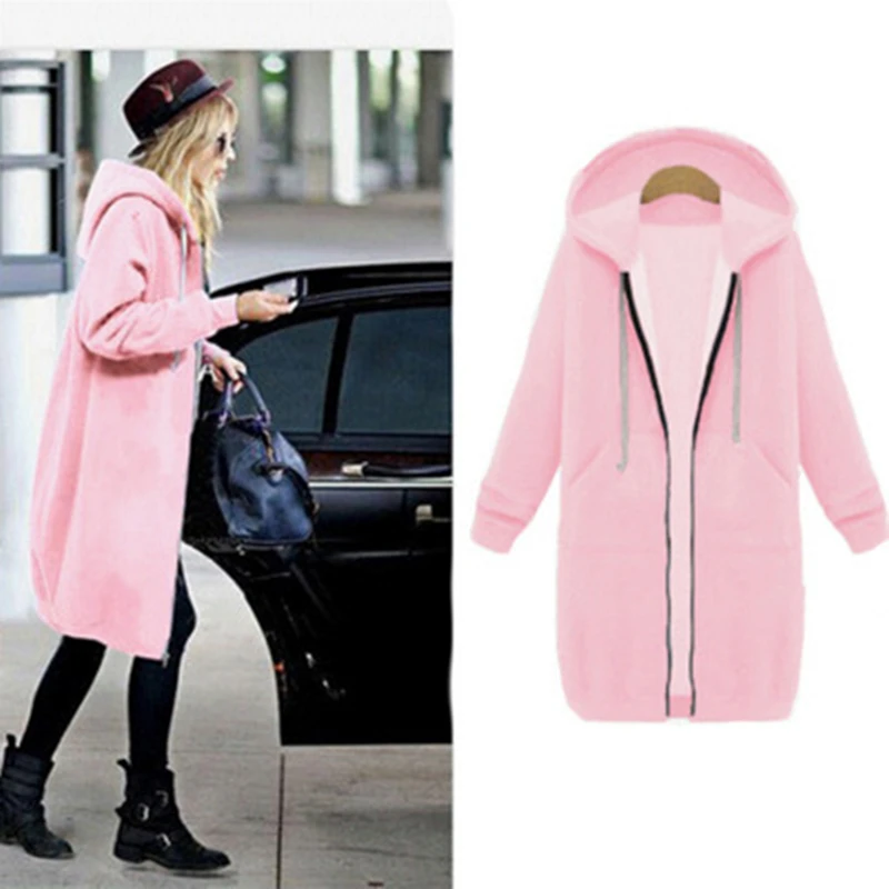 

2019 Fashion Winter Long Coat Women Hooded Solid Color Plus Velvet Keep Warm Sweater Jacket Slim Laides Sports Zipper Jackets