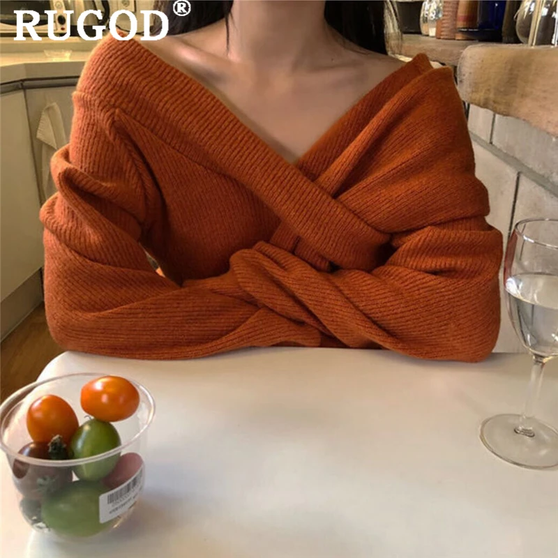 RUGOD Elegant solid cross knitted sweater women Sexy off shoulder lantern sleeve pullover sweaters female korean auturm | Женская одежда