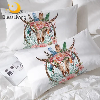 BlessLiving Cow Skull Pillow Cases Shams Dreamcatcher Decorative Pillocase Boho Rose Sleeping Pillow Cover Gothic White Bedding 1