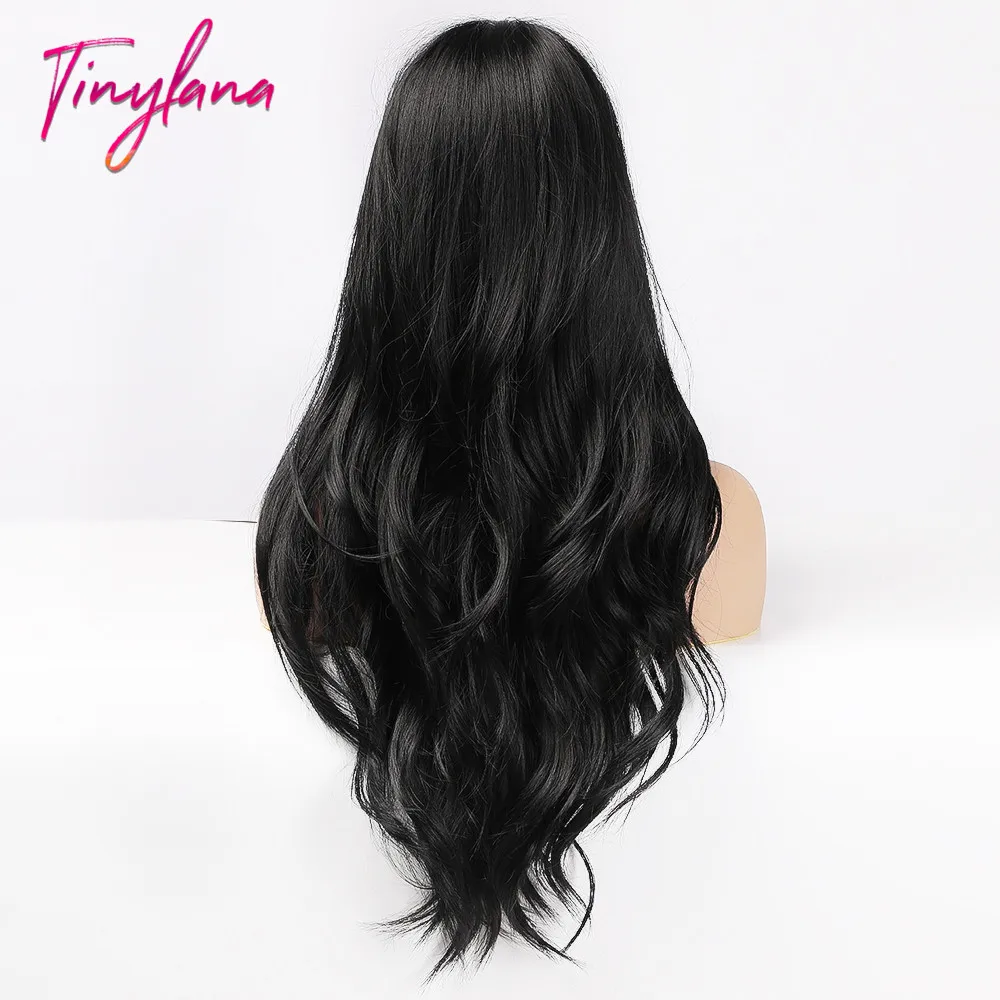 Парик TINY LANA из чистого черного волокна с боковой челкой Длинные Синтетические