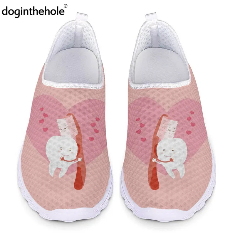 

Doginthehole Cute Cartoon Teeth Women Flat Shoe Funny Dental Breathable Sneaker Ladies Lightweight Toothbrush Print Pink Loafers