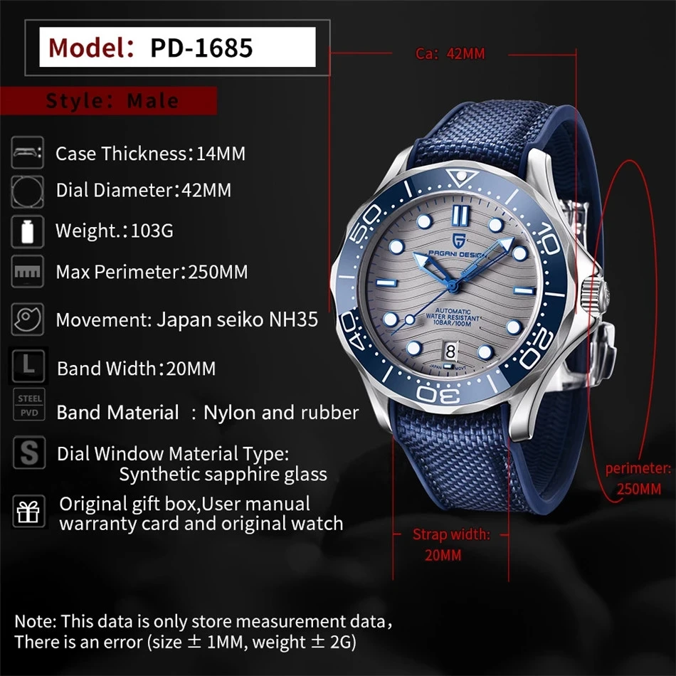 PAGANI DESIGN Дайвинг Для мужчин часы от топ бренда LuxuryWatch 100 м Водонепроницаемый