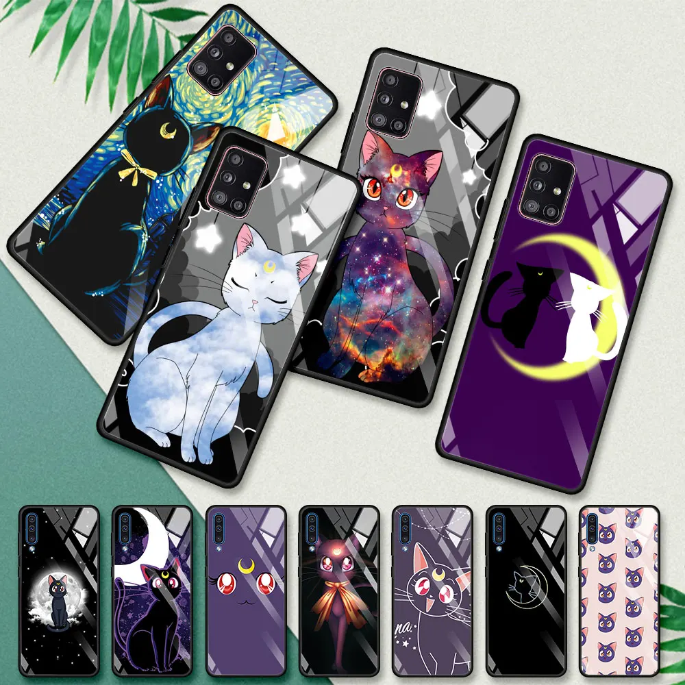 

Glass Cover For Samsung Galaxy A51 A52 A71 A50 Soft Edge Case A31 A21s A70 A72 M31 M51 Phone Coques Funda Anime Moon Cat Couple