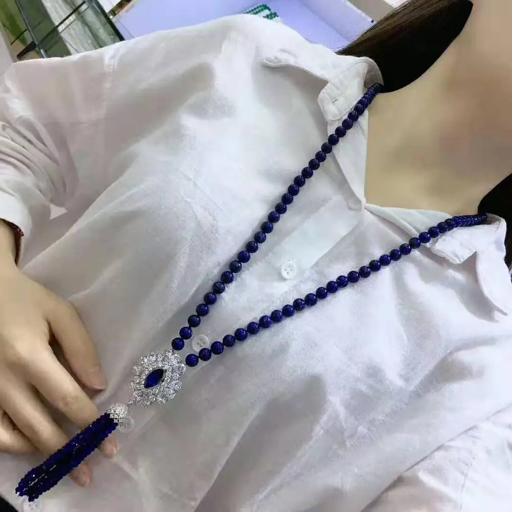 

Charming 10 mm round green blue stone necklace micro inlay zircon accessories tassel necklace long 88-90 cm