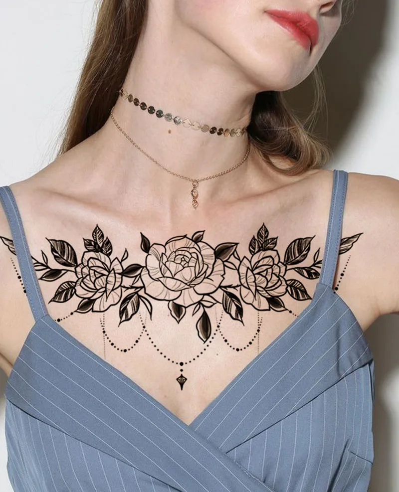 

Black Jewelry Diamond Necklace Rose Shape Women Girls Sexy Temporary Tattoo Stickers Waterproof Fake Tatoos Body Chest Art