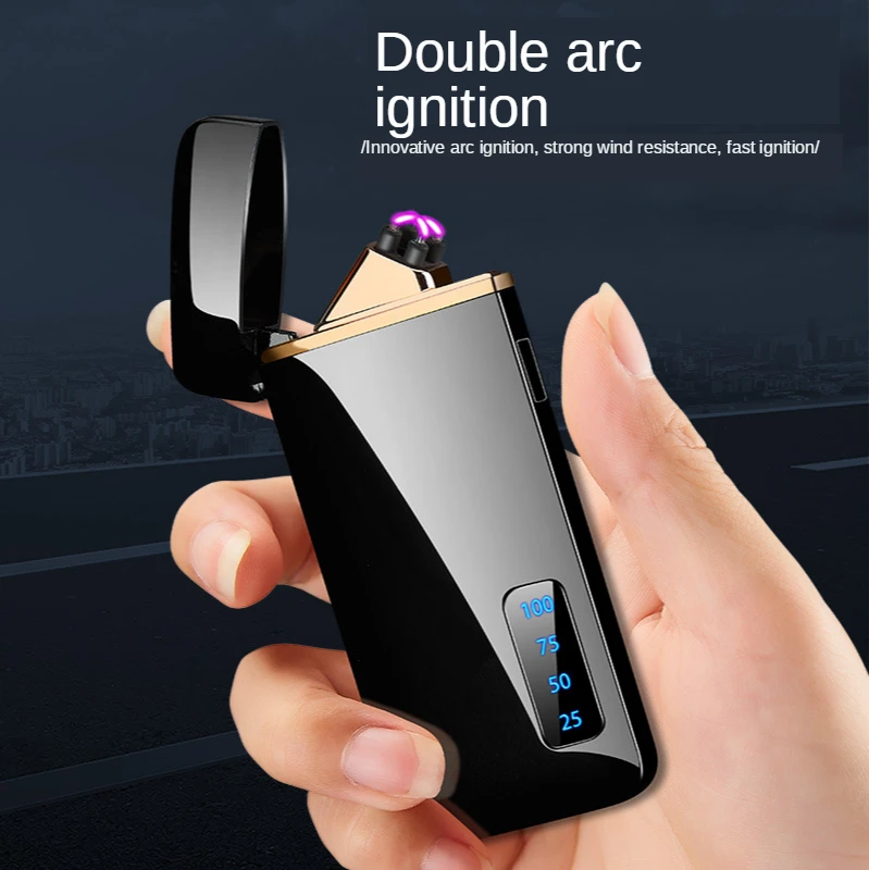 

New Ultra-Thin Creative Wind-Resistant Double Arc Pulse Power Display USB Charging Lighter Custom Personalized Portable