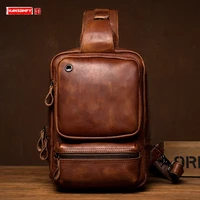 pure genuine leather men chest bag sports crossbody bag mens first layer cowhide shoulder bags leisure vintage