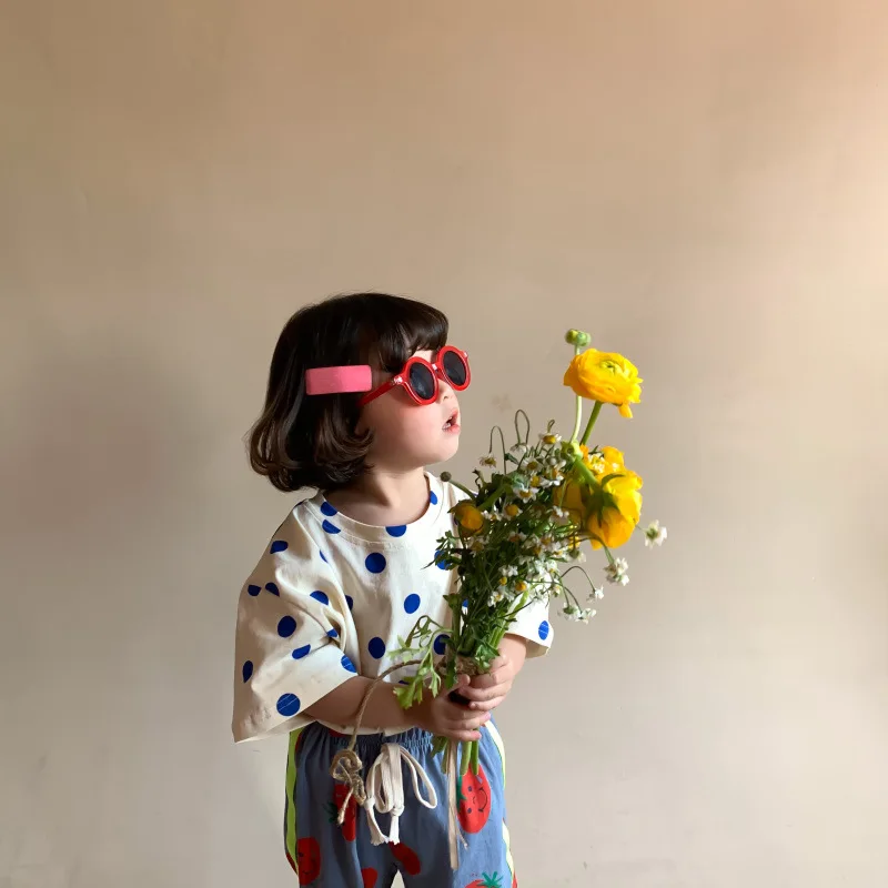 

Children's T Shirt 2021 Summer Boys Girls Korean Polka Dot Loose Casual Short Sleeved Korean Top