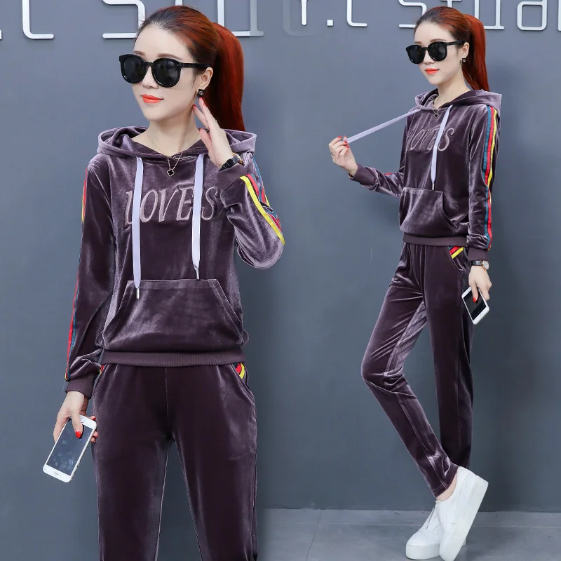 2020 gold velvet spun spring autumn new korean fashion hooded top pants two-piece clothes big yards velvet casual hoodies LYW