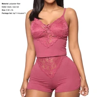 summer women v neck sleeveless solid color sling lace sleepwear set pajamas 2021 hot sell two piece set clothing for honey moon