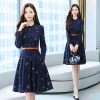 blue midi chiffon women print dress with belt autumn spring runway 2022 y2k korean fairy long sleeve vintage elegant party dress