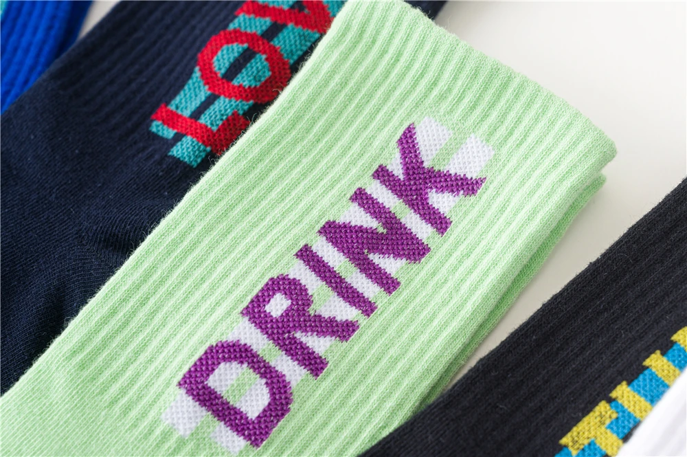 Women's Funny Words Loved Think Drink Sleep Play Lettered Striped Art Socks Couples Skateboard Hipster Street Dance Harajuku Sox