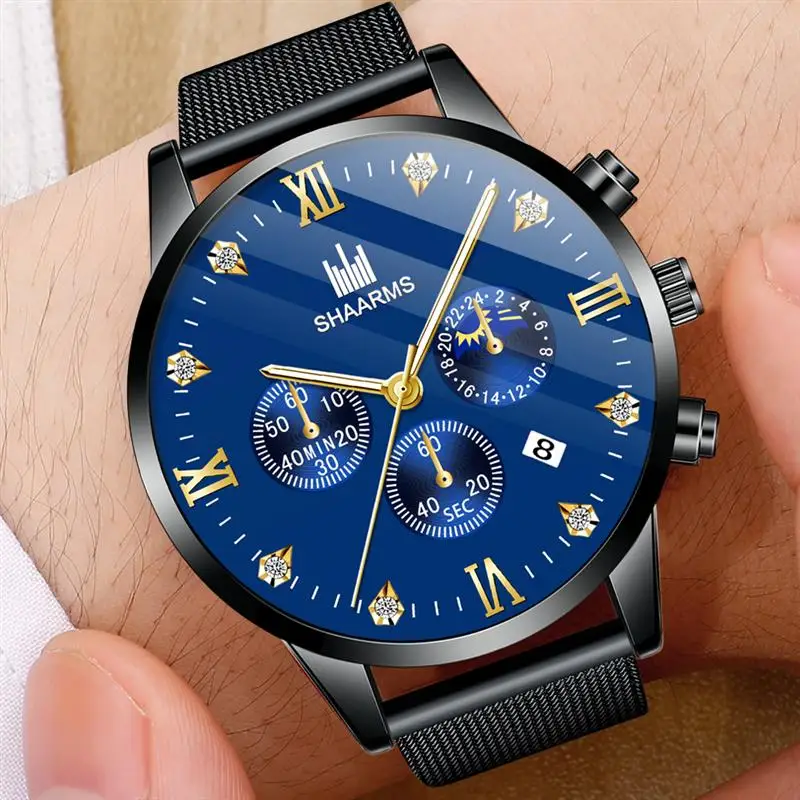 Модные черные мужские часы с бриллиантами и римскими цифрами сетчатые из