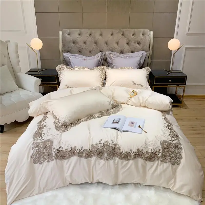 

J2 New Egyptian Cotton Luxury Bedding Set flowers Embroidery Bed Set adults King Queen Bed Linens Duvet Cover Bed Sheet