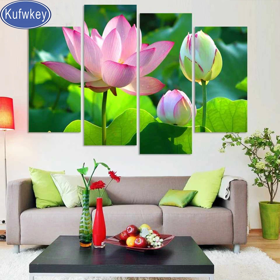 KUFWEY розовые цветы лотоса 4 шт Diy алмазная живопись полный квадратный круглый