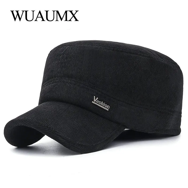 Wuaumx Повседневное осень-зима Кепки Для мужчин Бейсбол Кепкиs хлопок Flat Top Hat Для мужчин заклепки на открытом воздухе ушанке теплые шляпа армии регулируемый, шапка зимняя женская
