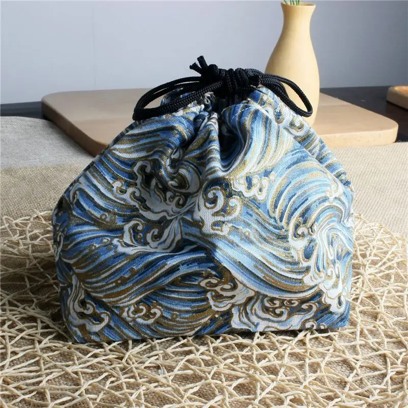 PACGOTH винтажный Японский стиль синяя волна узор холст шнурок Ланч сумка свежесть