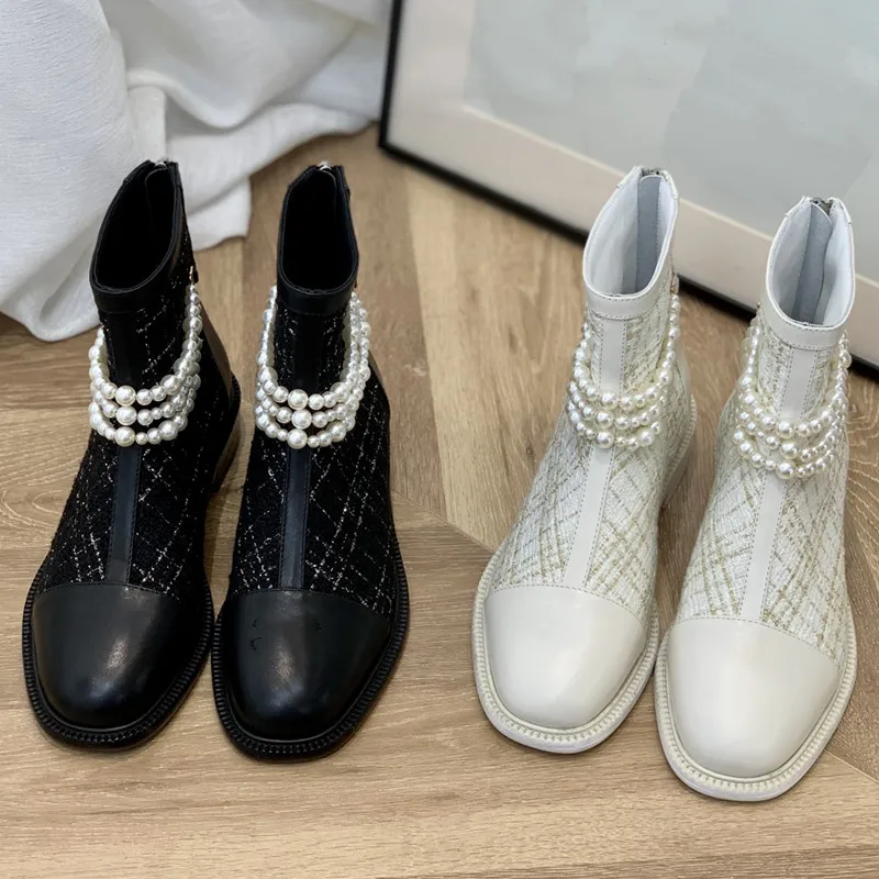 

Женские ботинки с жемчужной цепочкой, ботильоны в клетку, однотонная обувь на молнии, женская обувь на квадратном каблуке, Модная элегантна...