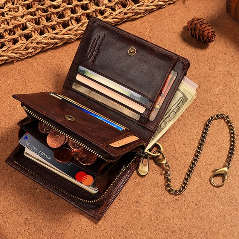 

Credit Card Leather Bifold Wallet RFID Blocking Zipper Coin Purse Cash Pocket Organizer Holder with Anti Theft Chain
