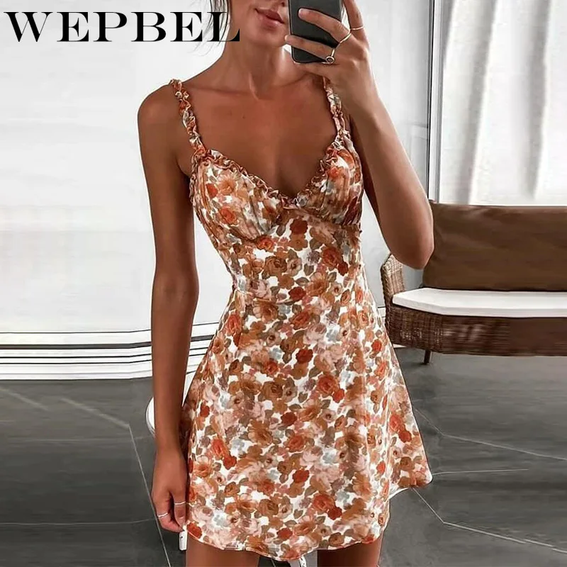 

Женское облегающее мини-платье WEPBEL с принтом, Элегантное летнее платье на бретелях-спагетти с V-образным вырезом и высокой талией