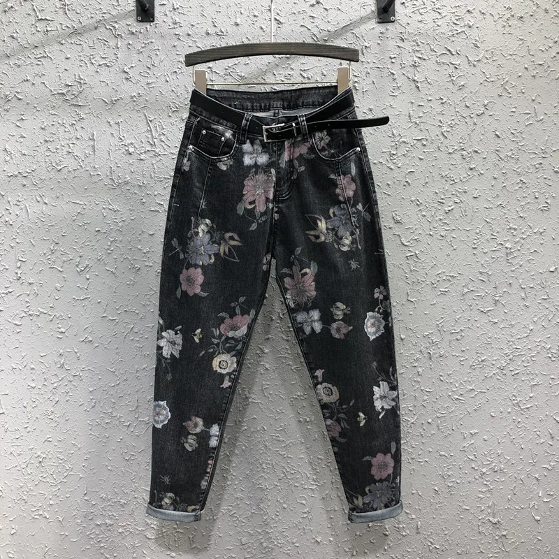 

Брюки-султанки из денима с цветным принтом, хлопковые эластичные брюки полной длины с высокой талией, повседневные джинсы с редисом, весна-о...