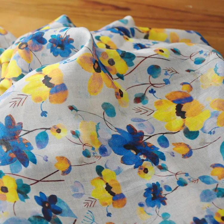 

High quality natural pure ramie fabric for dress Yellow and blue flower digital printing tissu High end dress cheongsam fabric
