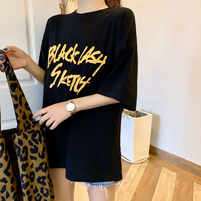 Женская хлопковая футболка с коротким рукавом свободная средней длины буквенным