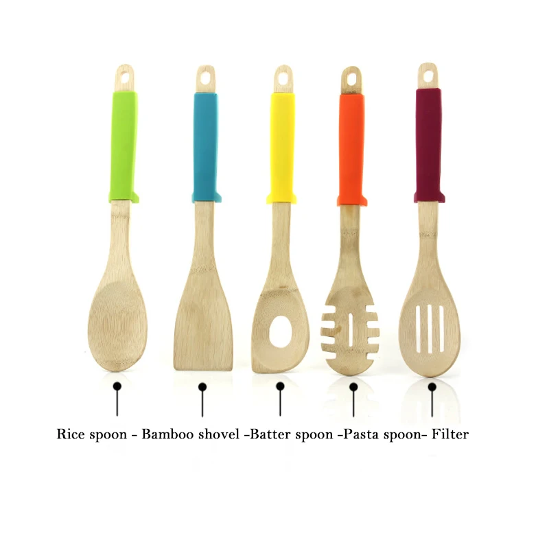 

6 Set Pieces Bamboo Silicone Wooden Spoons Spatulas Heat Resistant For Cookware Kitchen Tools Non Stick Kitchen Cooking Tool