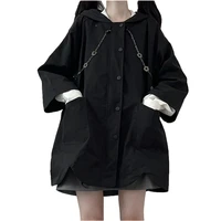 harajuku fashion women autumn trench coat gothic kawaii vintage black hooded outerwear punk streetwear oversized windbreaker