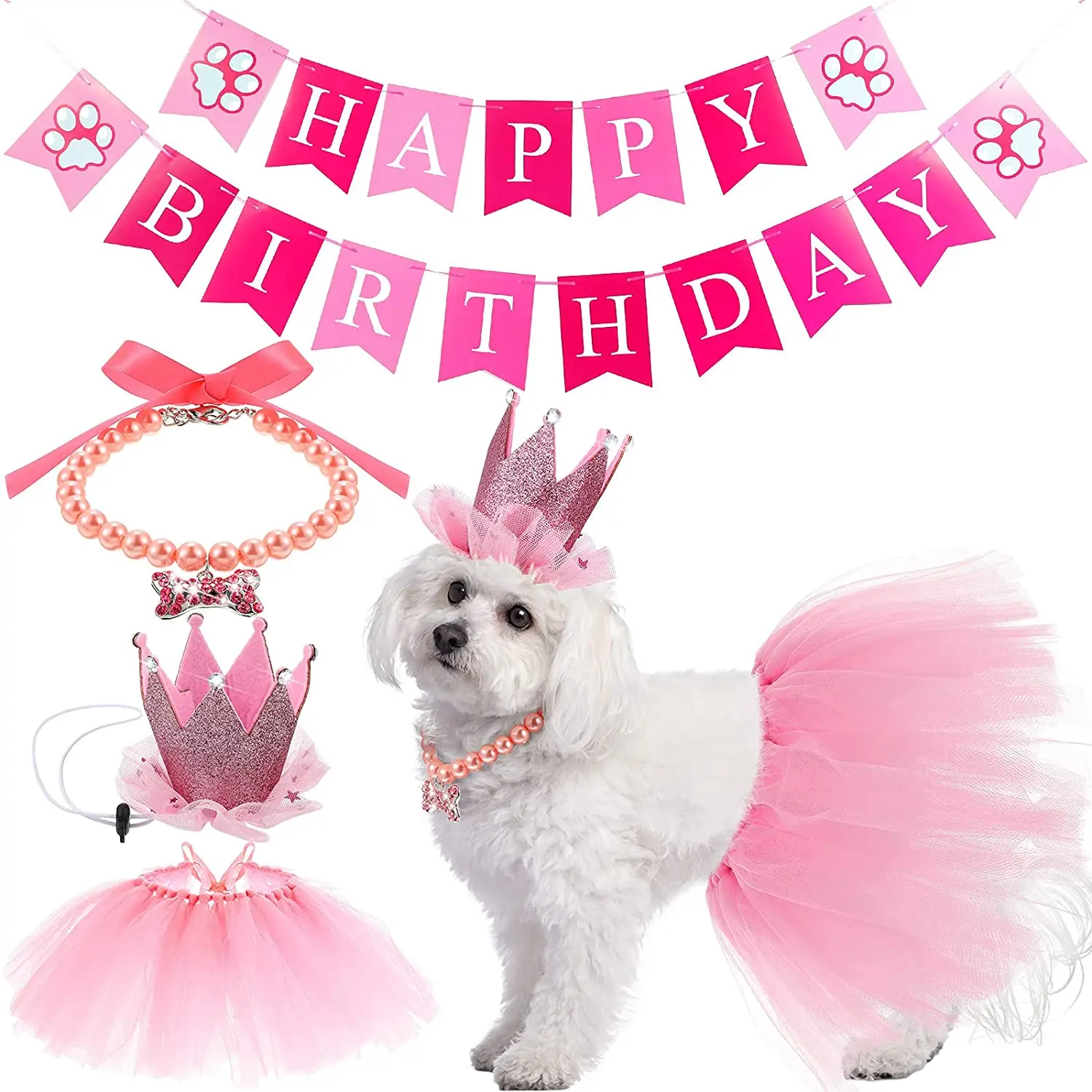 

4 Pieces Cute Dog Birthday Outfit with Pet Tutu Skirt Puppy Pearl Necklace Dog Crown Hat and Happy Birthday Banner for Puppy Dog