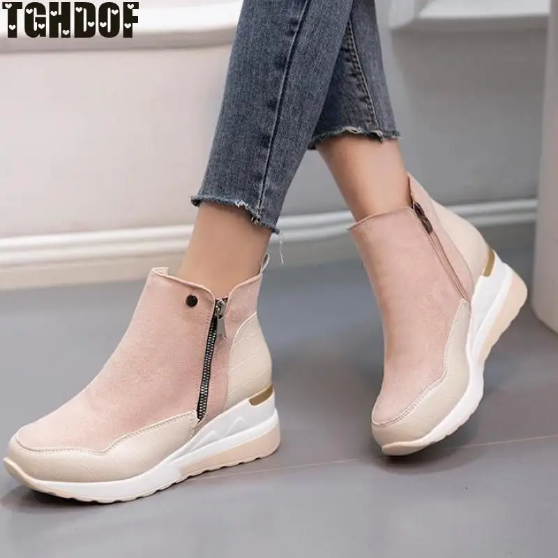 Shoes Women's PU Fashion High-top Flannel Casual Shoes Women's All-match Flat-bottom Zipper Walking Ladies Breathable Flat Shoes