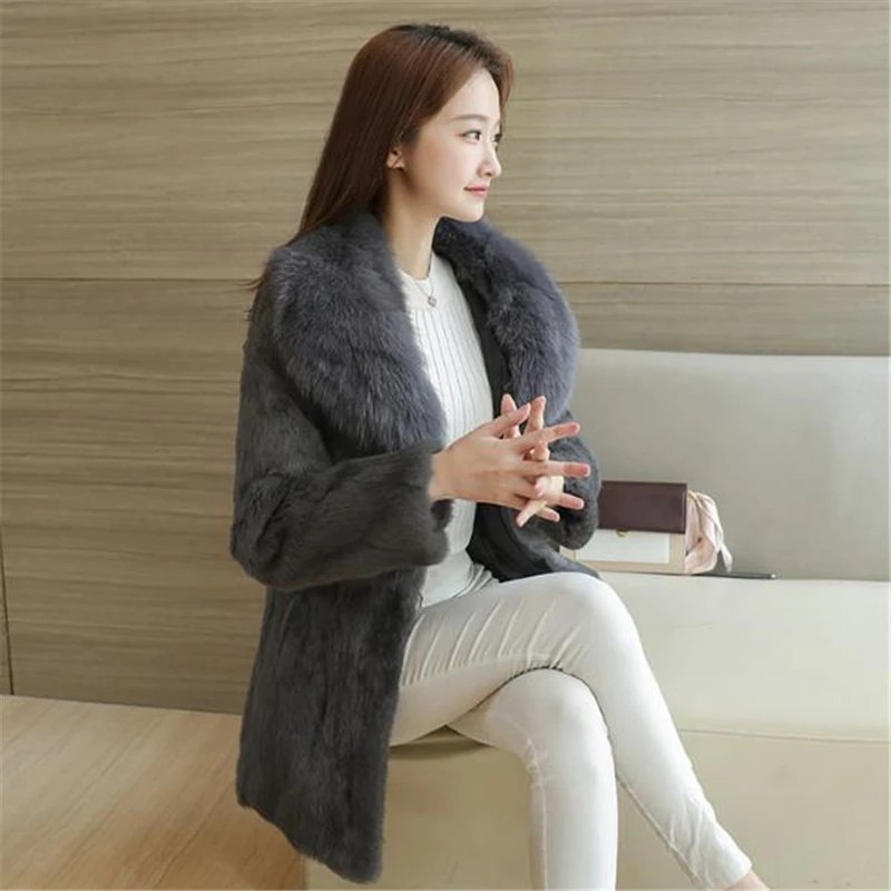 Woman Winter Hot Sale Solid Fox Fur Collar Black Full Slim Pelt Rabbit Overcoat Lady Cardigan Warm Medium Coat