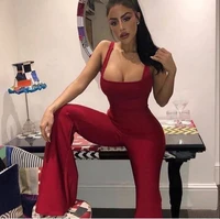 high quality red white slip rayon bandage jumpsuit sexy club party jumpsuit