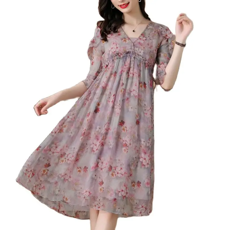 

2021 Summer Floral Mulberry Silk Midi Dress Women Vintage Casual M-3XL Plus Size Chiffon Beach Dress elegant Party Vestidos