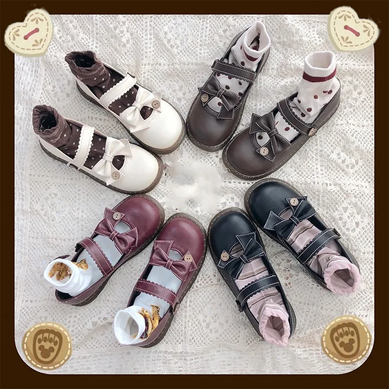 

Lolita sweet kawaii lace bowknot button retro round head soft girl leather bandage shoes flat heel student daily shoes cosplay