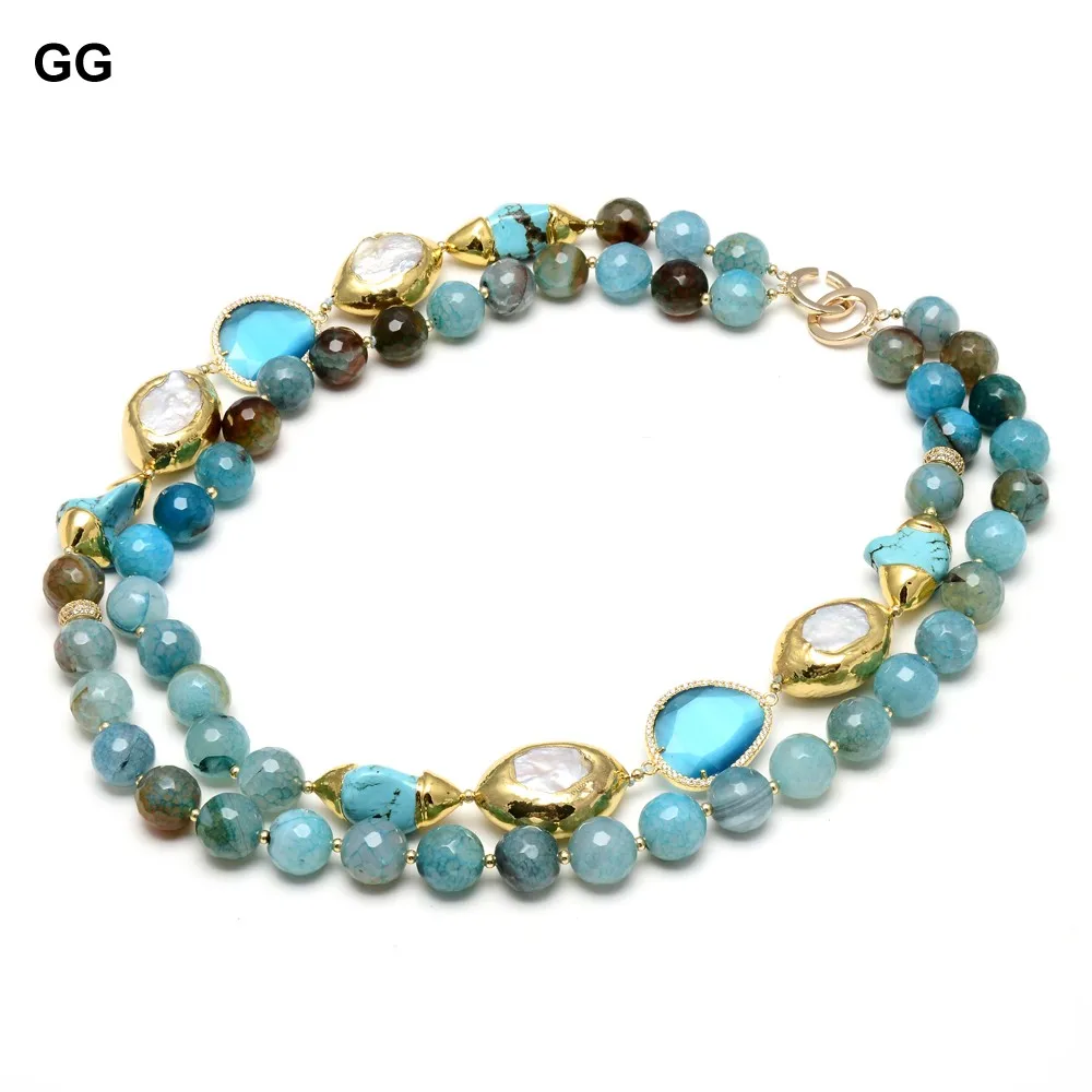 

GG Jewelry 2 Rows Blue Faceted Agate Gold Plated Blue Turquoise Cultured White Keshi Pearl CZ Paved Crystal Necklace For Women
