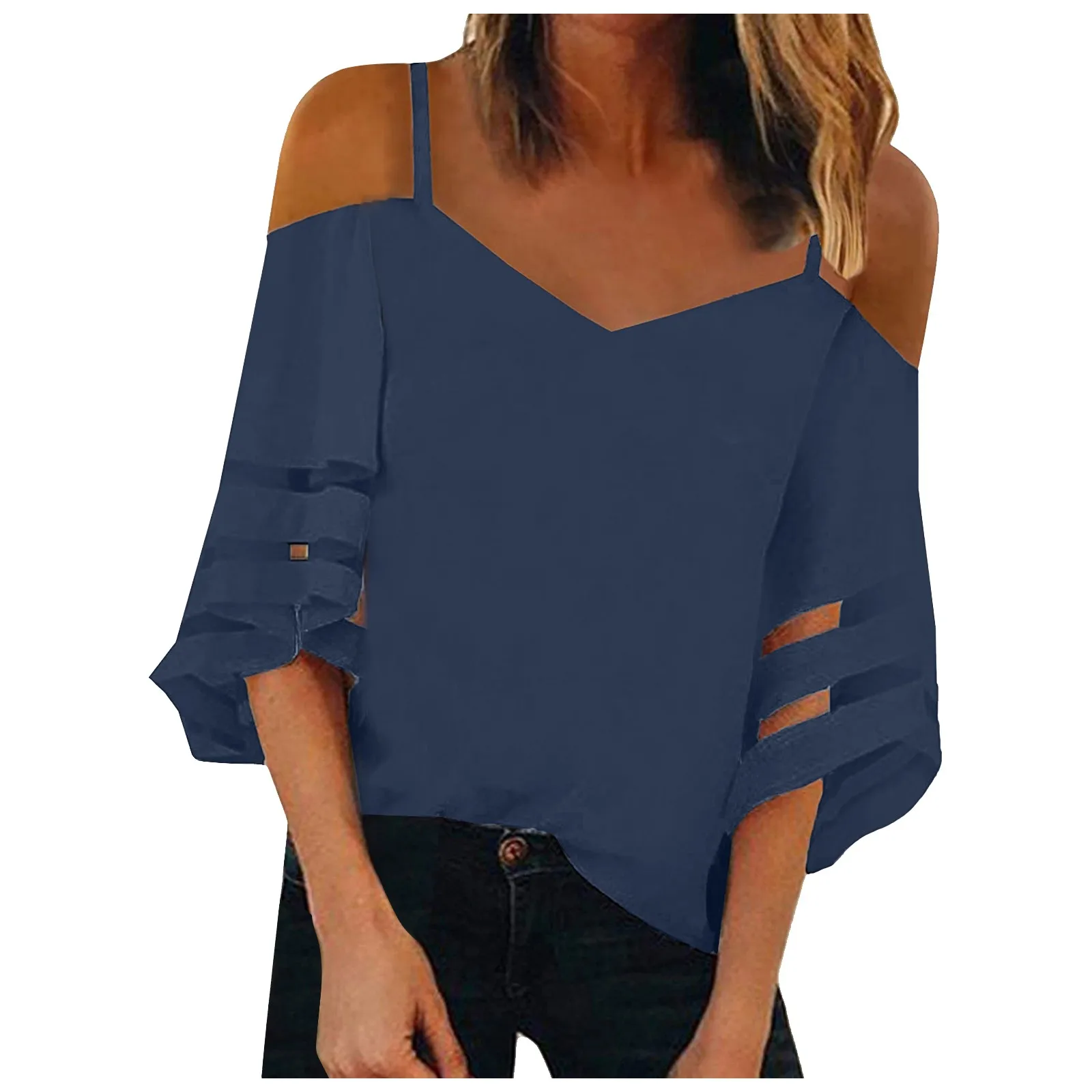 

Fashion Women Casual Solid Blouse With V-neck Mesh Panel Blouse Flare Sleeves Hole Dew Shoulder Tops Shirt