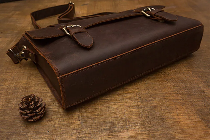 Vintage crazy horse cowhide men's briefcase business casual high-quality natural genuine leather laptop shoulder messenger bag