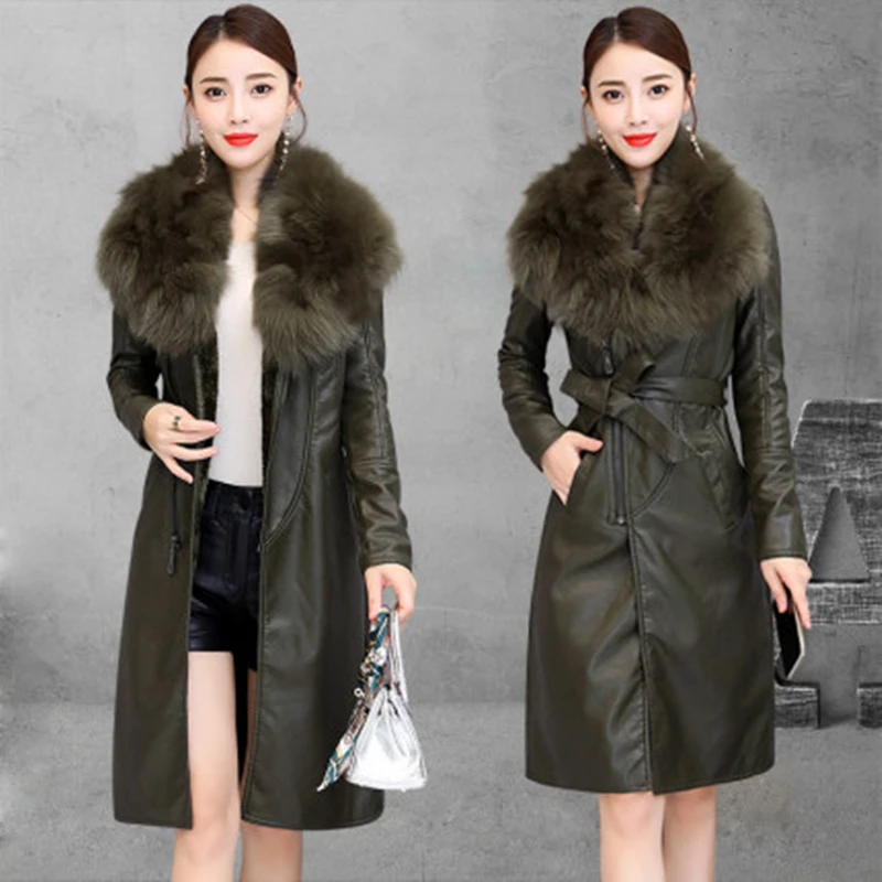 

velvet Winter plus leather women's thick mid-length Korean version 2021 new large fur collar loose leather coat large size M-5XL