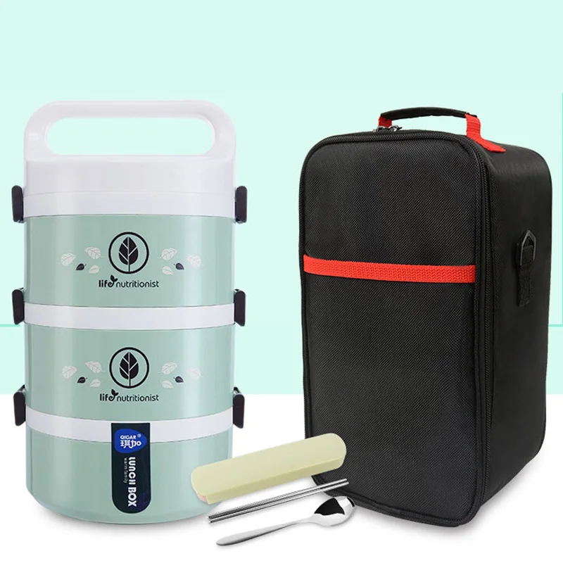 3 Layer Green bag Тепловой герметичный Ланч-бокс из нержавеющей стали для детей, портативный школьный изолированный бэнто-бокс, термос, контейнер для еды, Ланчбокс - Цвет: 3 Layer Green bag