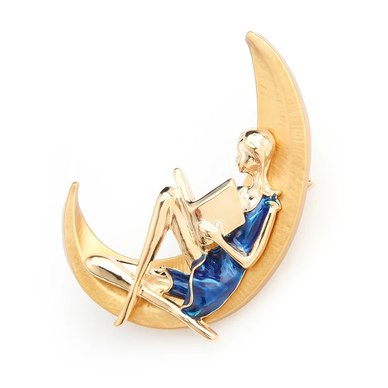 

Wuli&baby Blue Red Girl Reading Book on the Moon Brooches Women Alloy Personal Design Brooch Pins New Year Gifts