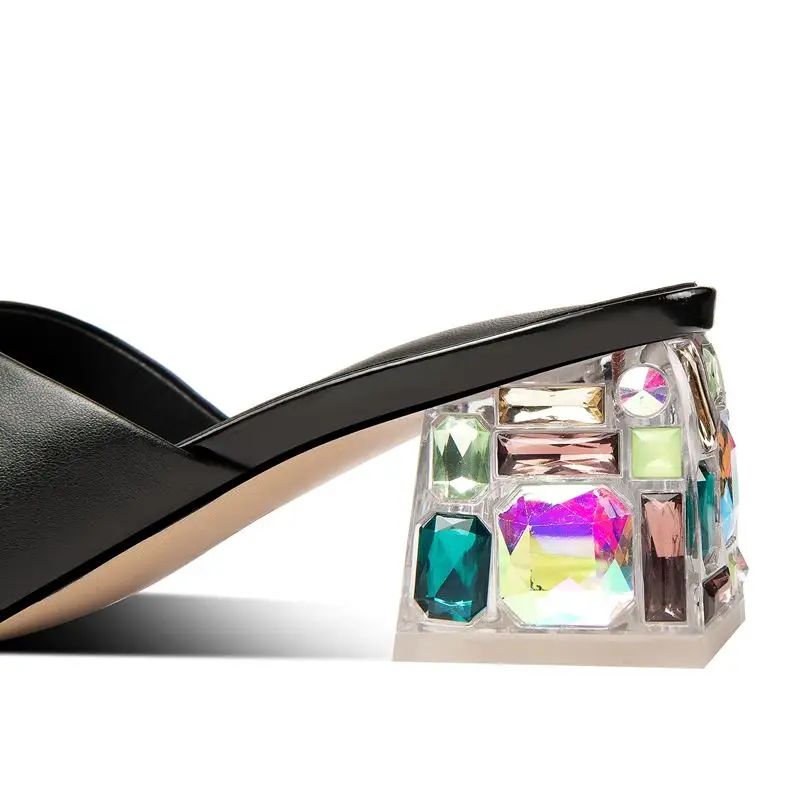 

ALLBITEFO Color diamond genuine leather brand high heels summer women slippers thick heels beach women shoes flip flops slippers