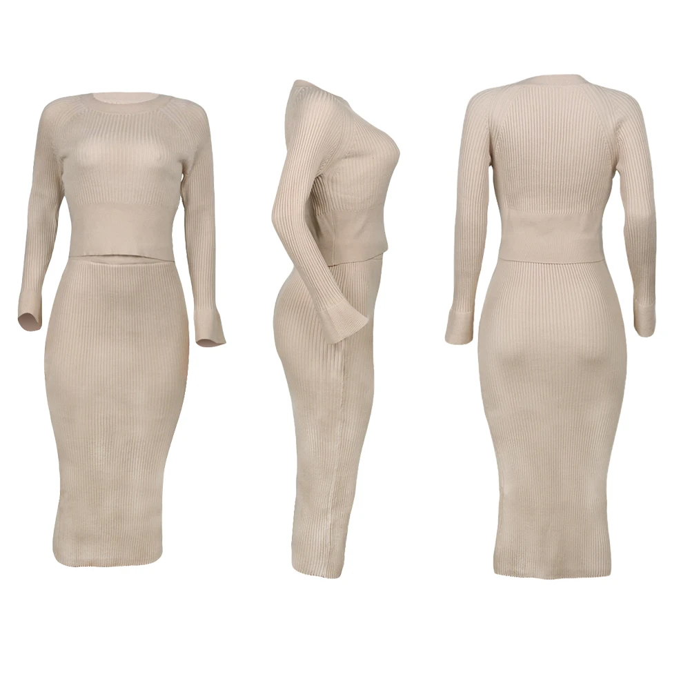 

Women Knitting Skirt Suit Long Sleeve Pullovers Sweater Crop Tops Bodycon Knitted Skirts Office Lady 2 Pieces Set Winter Clothes