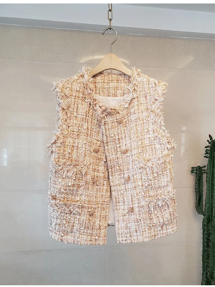 

Autumn Winter 2021 New French Elegant Tassel Pearls Women Tweed Vest Ladies Short Jacket Outerwear Drop Free Shipping