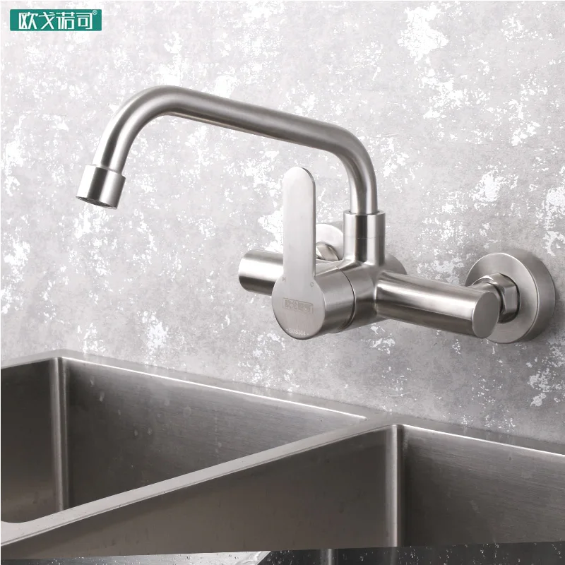 

Wall mounted black kitchen faucet single handle double holes hot and cold water