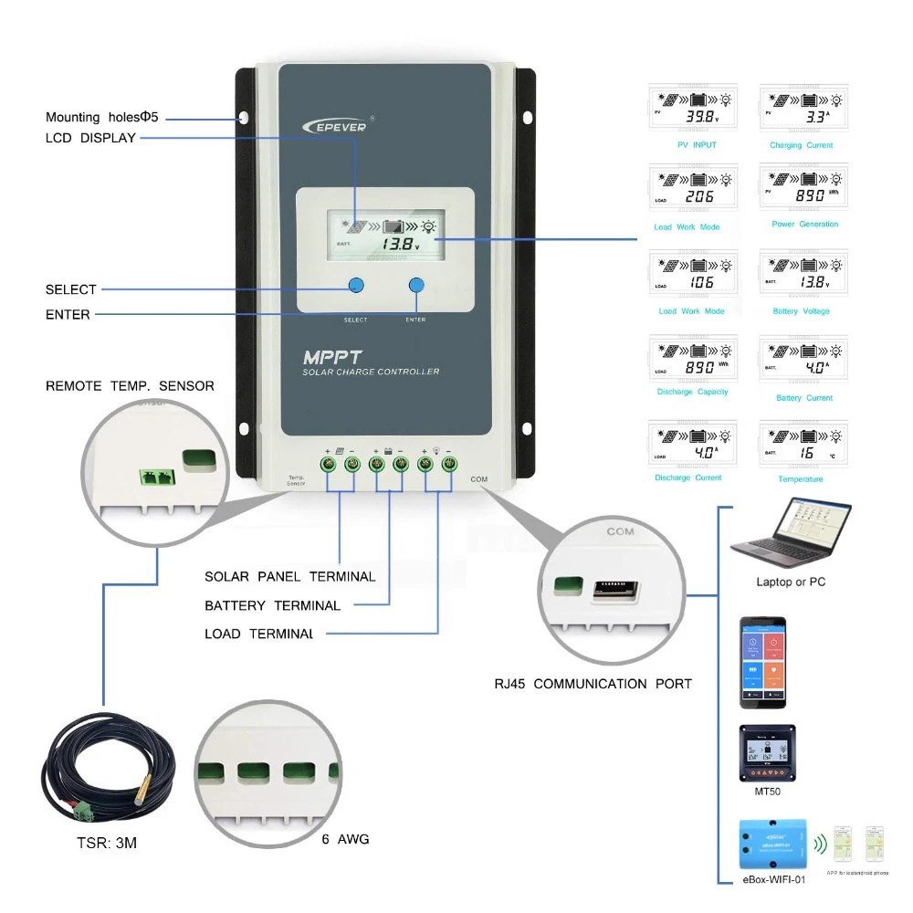 구매 EPEVER 40A MPPT 충전 컨트롤러 태양광 100V PV 입력 음극 접지 12V/24V 자동 LCD 디스플레이 납산 리튬 배터리