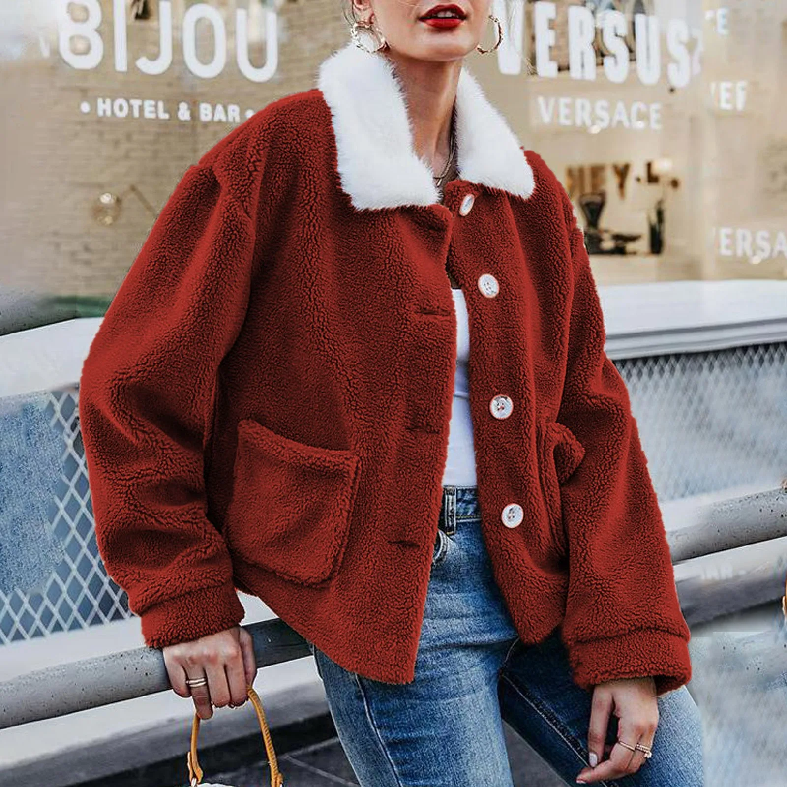 

Women's Winter Leisure Fashion Long Sleeve Warm Thickened Solid Colors Plush Warm Single-breasted Coat Outwear Chaqueta Mujer#g3